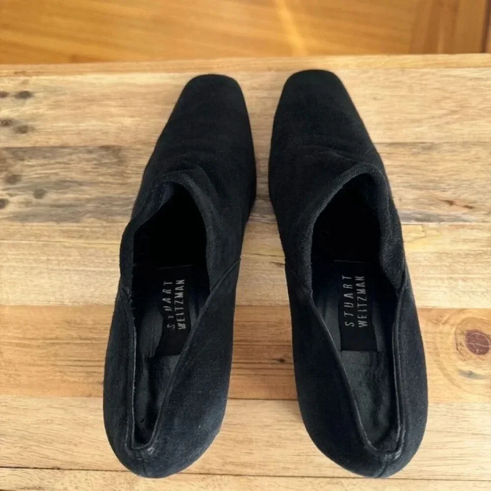 Stuart Weitzman Black Stretch Suede Square Long Toe Box Block Heel Shoe Bootie